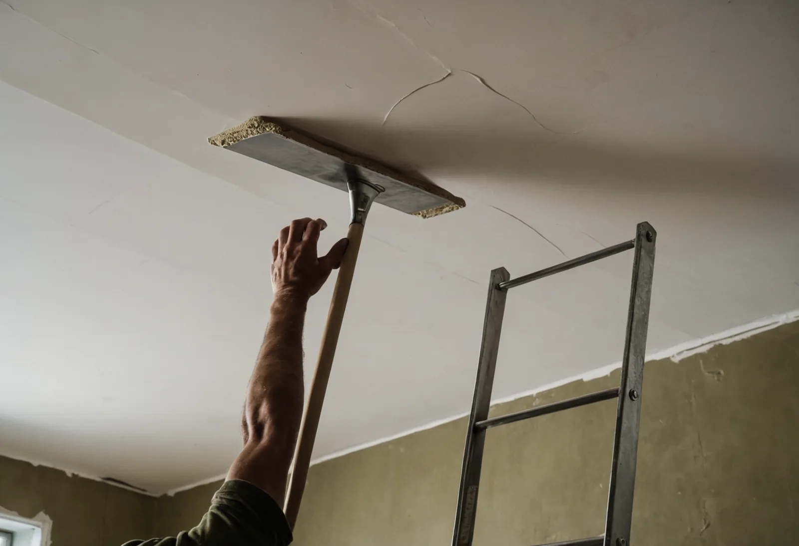 Stukadoor op een steiger stuct een plafond