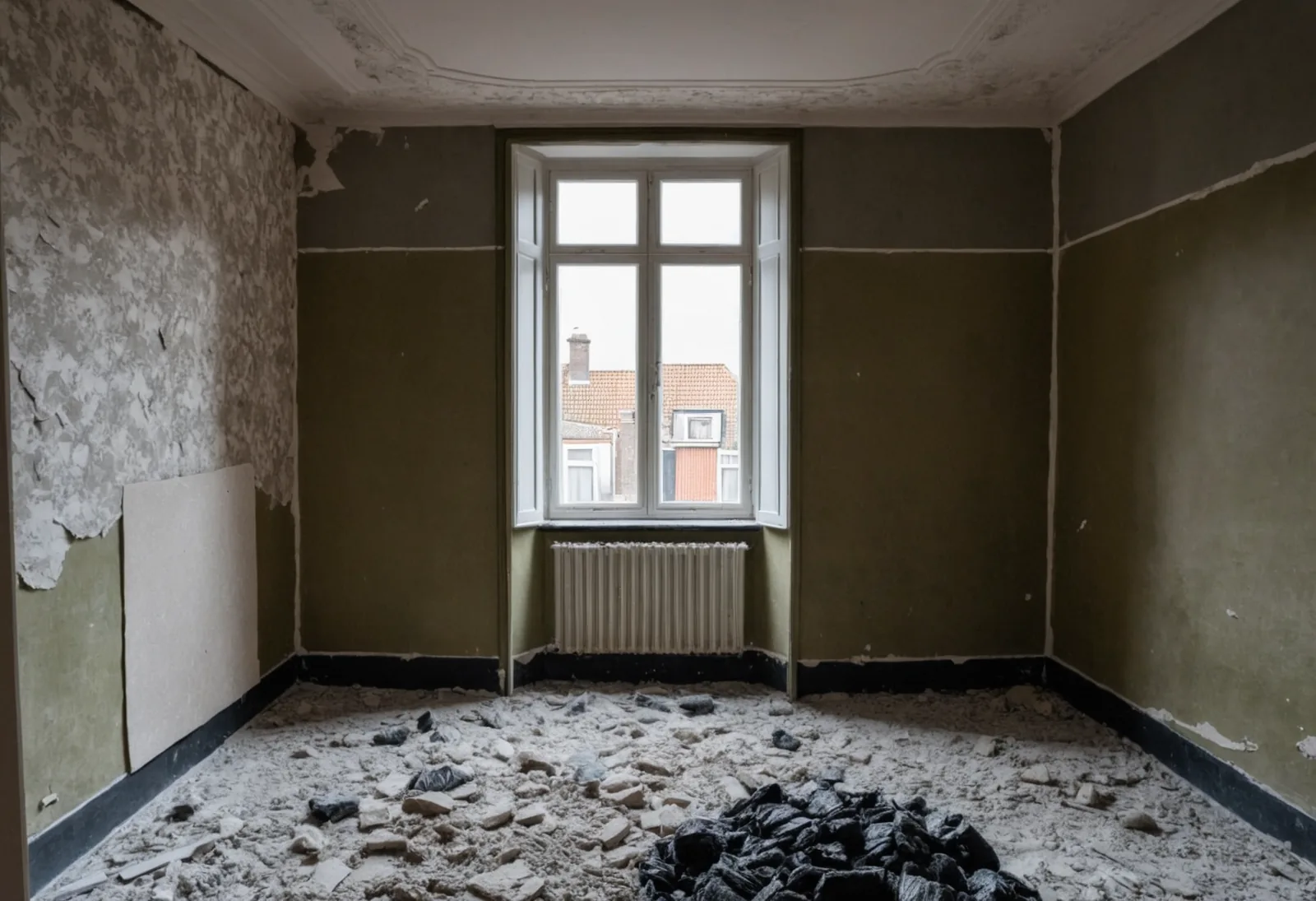 Behang wordt van een wand verwijderd, vloer afgedekt